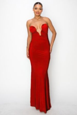 Glitter Ity Tube Maxi Dress with Gold Bar Trim – Red