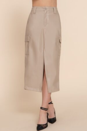 Faux Leather Midi Cargo Skirt – Dark Beige