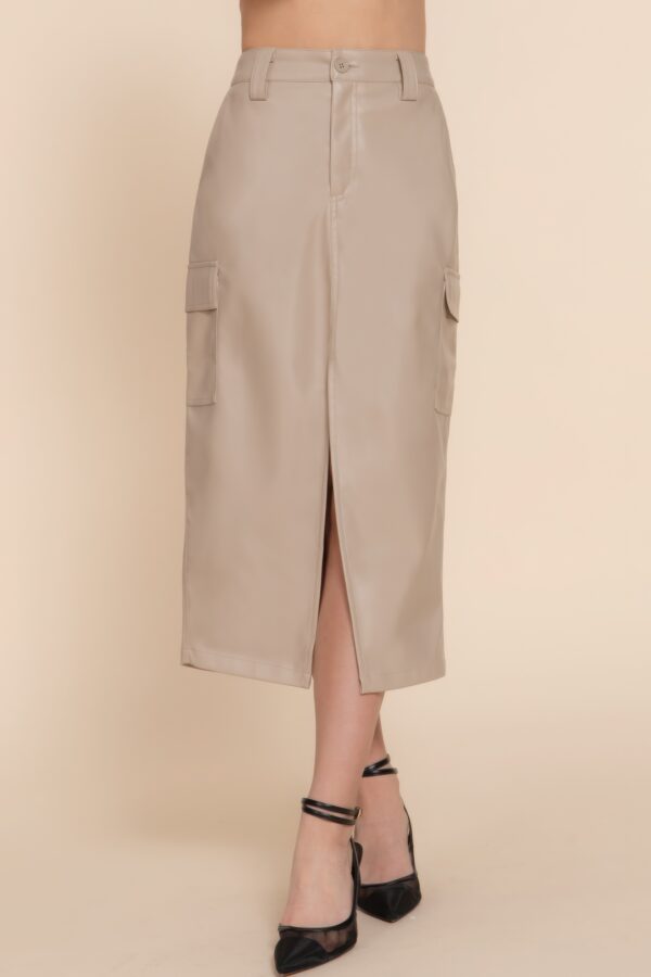 Faux Leather Midi Cargo Skirt – Dark Beige