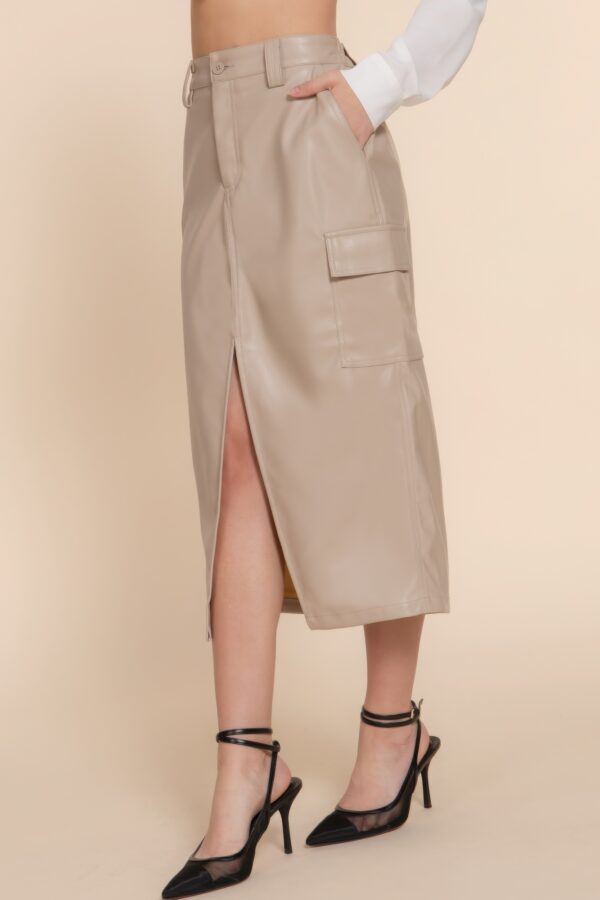 Faux Leather Midi Cargo Skirt – Dark Beige