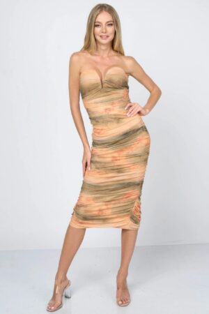 Tie-Dye Mesh Mini Dress with Sweetheart Neckline – Orange/Olive