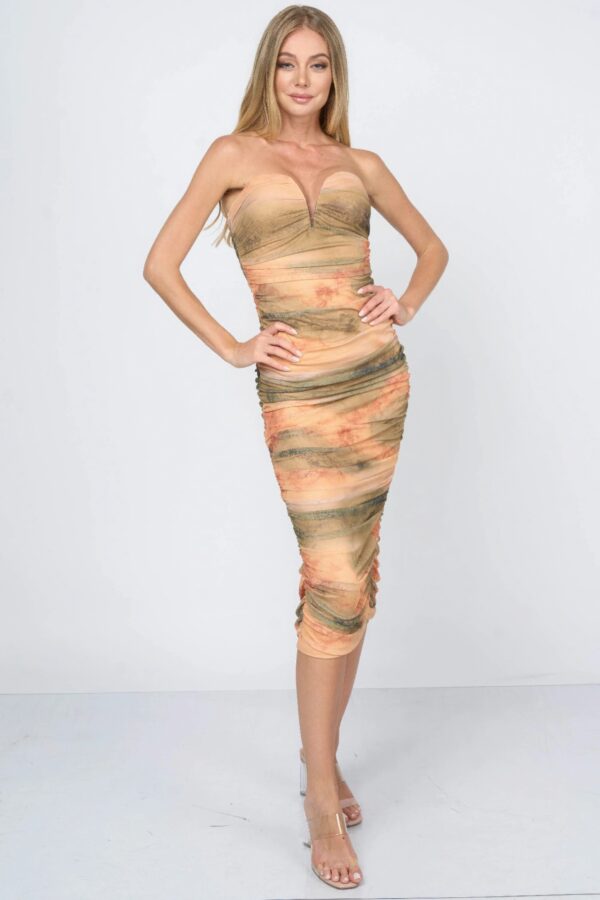 Tie-Dye Mesh Mini Dress with Sweetheart Neckline – Orange/Olive