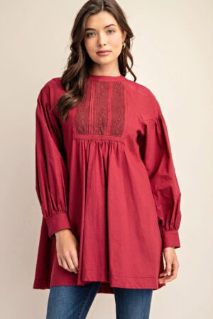 Long-Sleeve Mini Dress with Lace – Plum