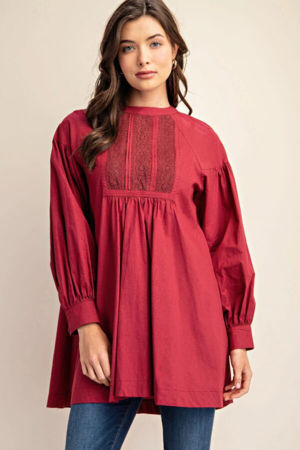 Long-Sleeve Mini Dress with Lace – Plum