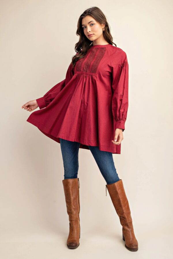 Long-Sleeve Mini Dress with Lace – Plum