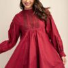 Long-Sleeve Mini Dress with Lace – Plum