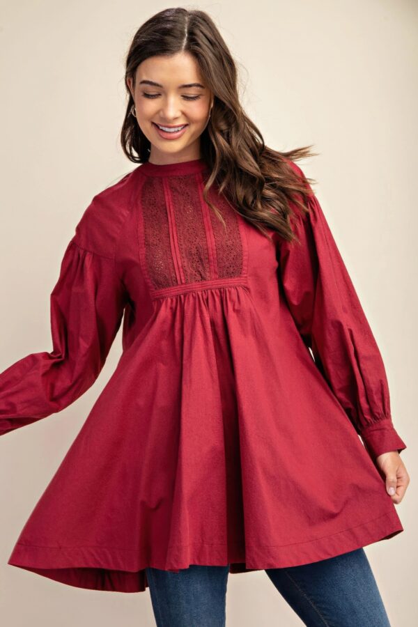 Long-Sleeve Mini Dress with Lace – Plum