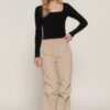 Long-Sleeve Sweetheart Neck Knit Top – Black