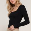 Long-Sleeve Sweetheart Neck Knit Top – Black