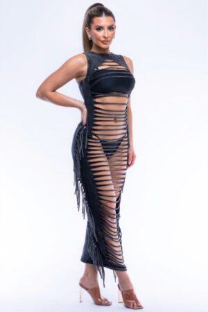 Fringe Cut-Out Maxi Dress – Black