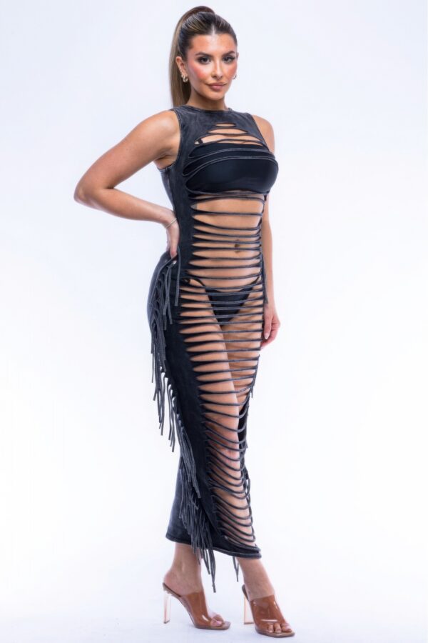 Fringe Cut-Out Maxi Dress – Black