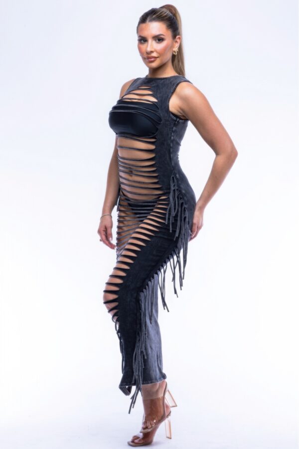 Fringe Cut-Out Maxi Dress – Black