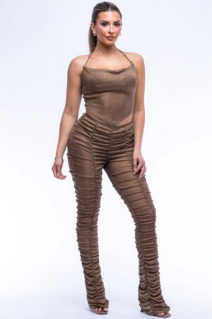 Halter Top Ruched Pants Set – Bronze Metallic