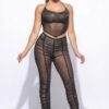 Halter Top Ruched Pants Set – Semi-Sheer Black