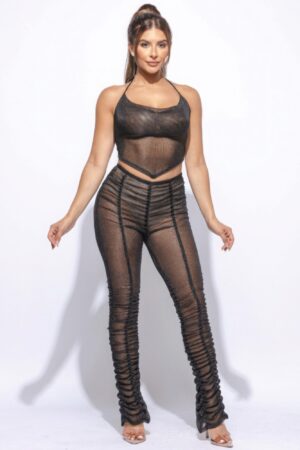 Halter Top Ruched Pants Set – Semi-Sheer Black