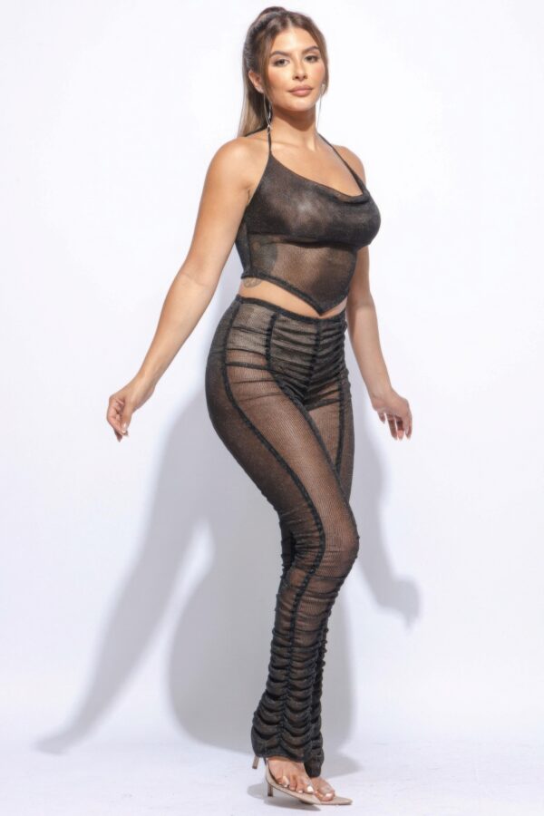 Halter Top Ruched Pants Set – Semi-Sheer Black