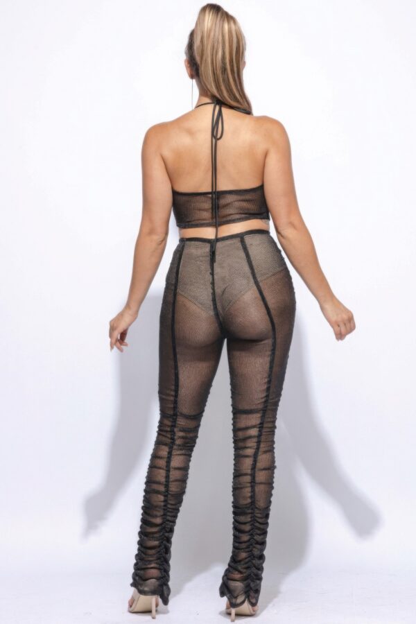 Halter Top Ruched Pants Set – Semi-Sheer Black