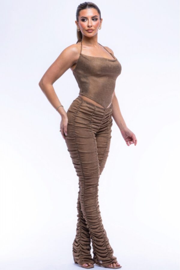 Halter Top Ruched Pants Set – Bronze Metallic