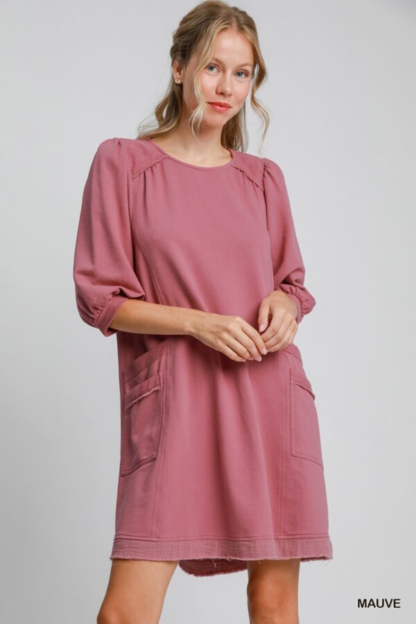 French Terry Mini Dress with Frayed Trim – Mauve