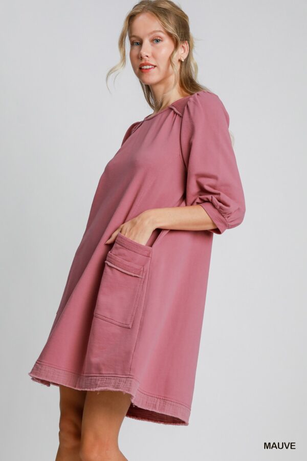 French Terry Mini Dress with Frayed Trim – Mauve