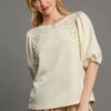 Puff Sleeve Knit Top with Pearl Accents – Cream