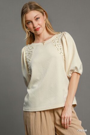 Puff Sleeve Knit Top with Pearl Accents – Cream