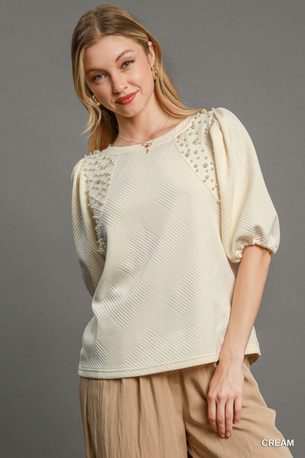 Puff Sleeve Knit Top with Pearl Accents – Cream