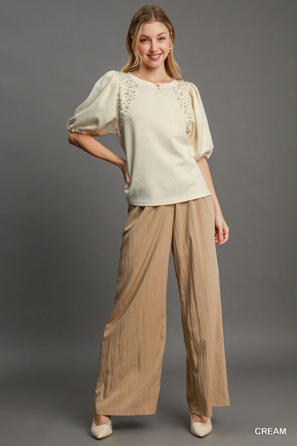 Puff Sleeve Knit Top with Pearl Accents – Cream