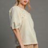 Puff Sleeve Knit Top with Pearl Accents – Cream