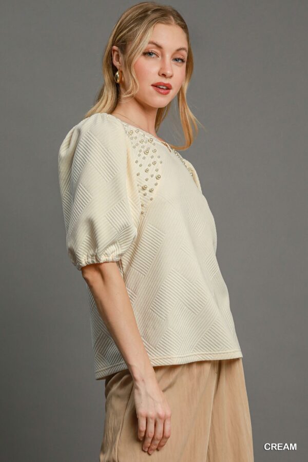 Puff Sleeve Knit Top with Pearl Accents – Cream