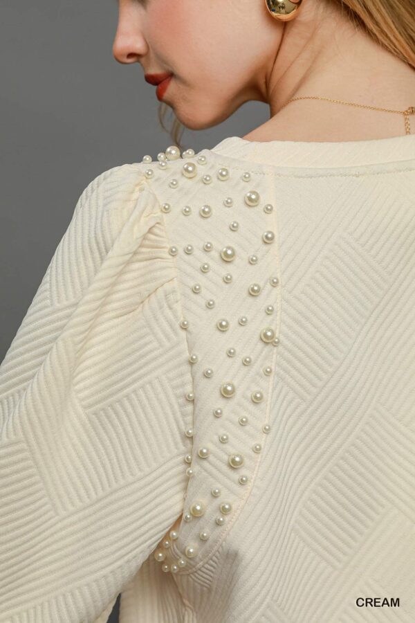 Puff Sleeve Knit Top with Pearl Accents – Cream