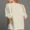 Puff Sleeve Knit Top with Pearl Accents – Cream