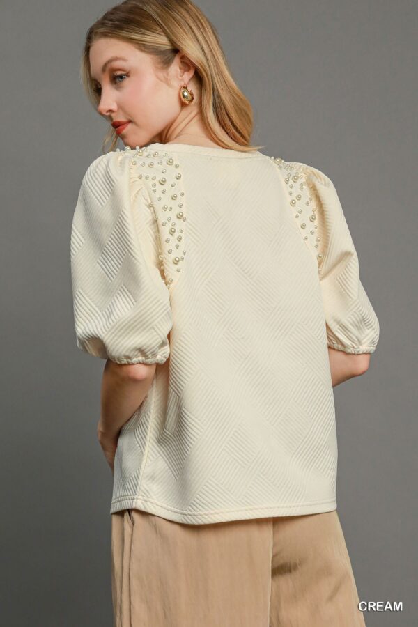 Puff Sleeve Knit Top with Pearl Accents – Cream