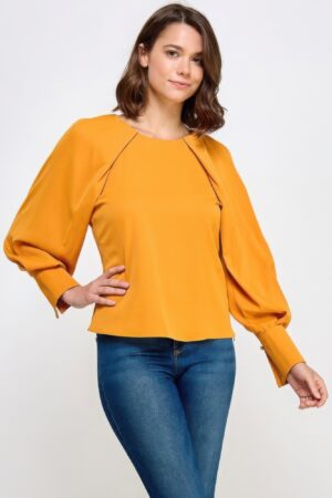 Raglan Long Sleeve Top with Back Neck Tie – Mustard