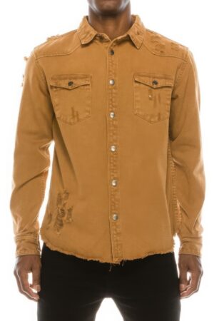 Men’s Ripped Denim Overshirt – Distressed Wheat