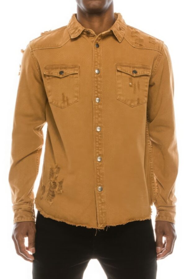 Men’s Ripped Denim Overshirt – Distressed Wheat
