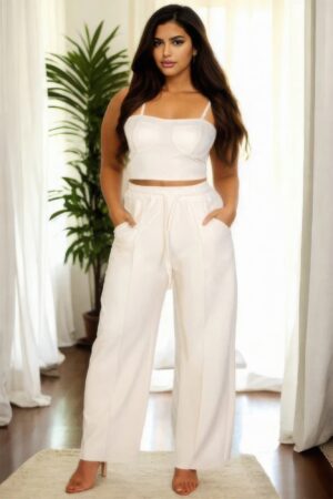 Plus Bustier Crop Cami & Slant-Pocket Straight Pants Set