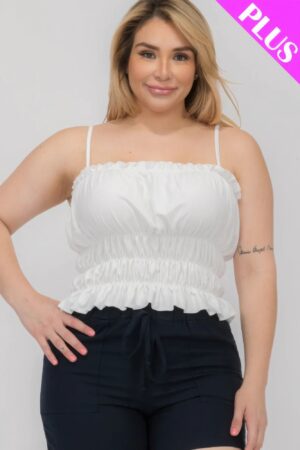 Plus Size Tiered Shirred Ruffle Crop Top – White