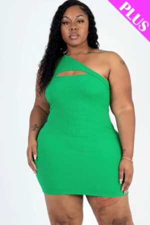 Plus Size One-Shoulder Ribbed Cutout Mini Bodycon Dress – Kelly Green