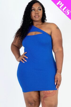 Plus Size One-Shoulder Ribbed Cutout Mini Dress – Royal