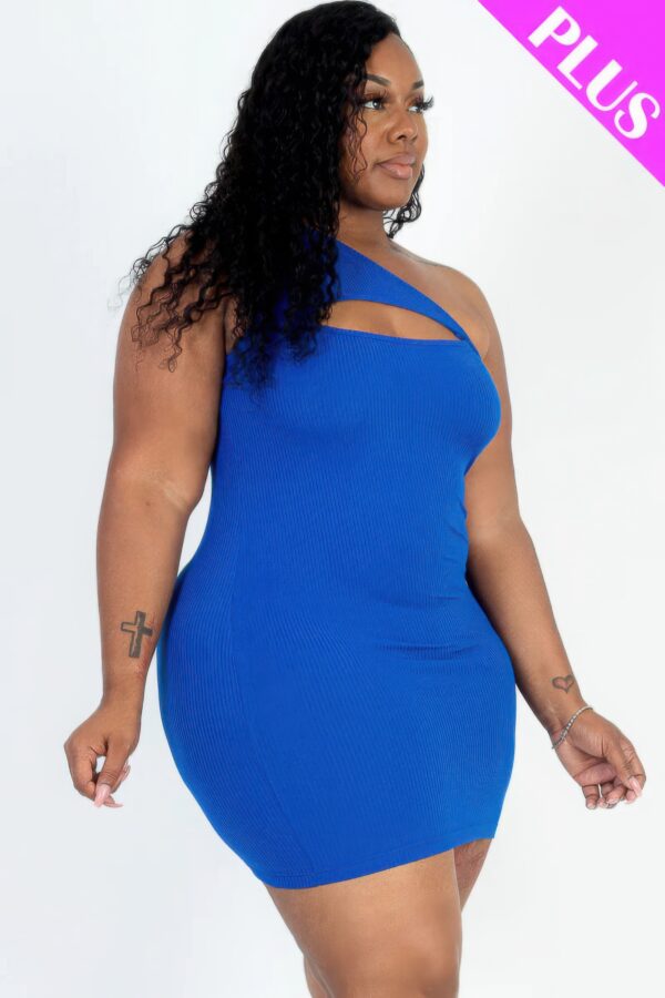 Plus Size One-Shoulder Ribbed Cutout Mini Dress – Royal
