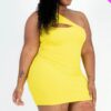 Plus-Size Ribbed One-Shoulder Mini Dress – Yellow