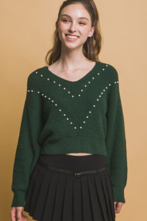 Pearl-Embellished Knit Sweater in Hunter Green