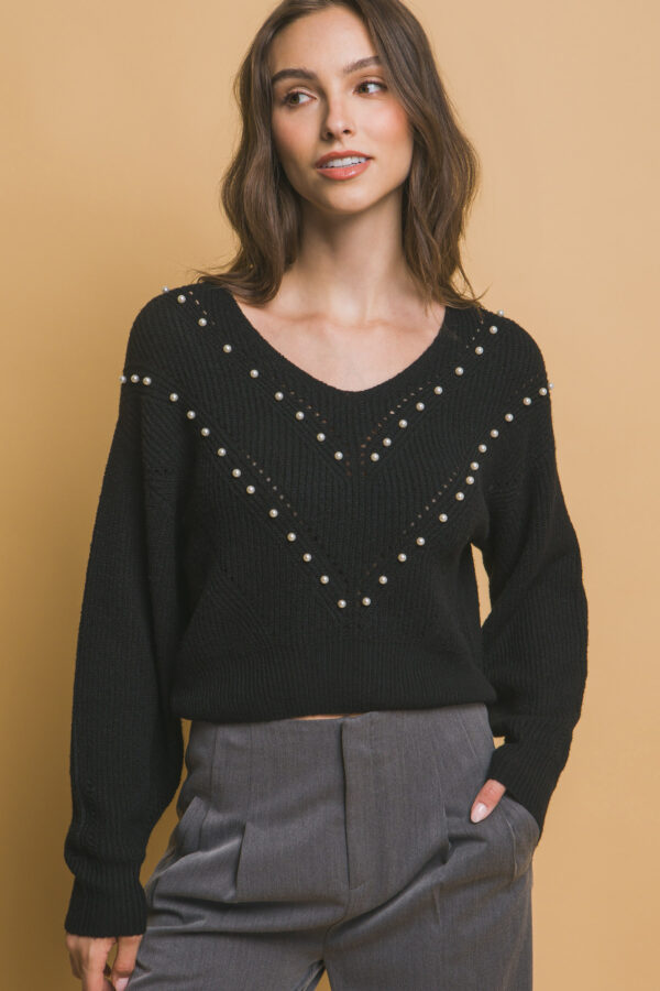 Pearl-Accent Knit Sweater – Black Luxe Detail