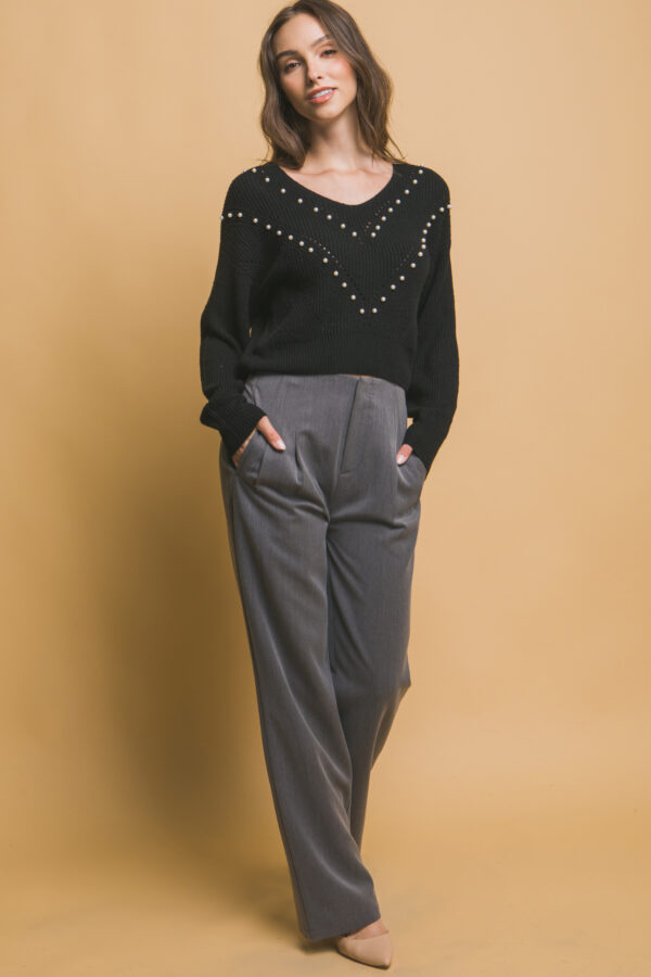 Pearl-Accent Knit Sweater – Black Luxe Detail