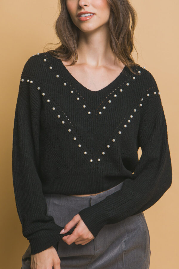 Pearl-Accent Knit Sweater – Black Luxe Detail
