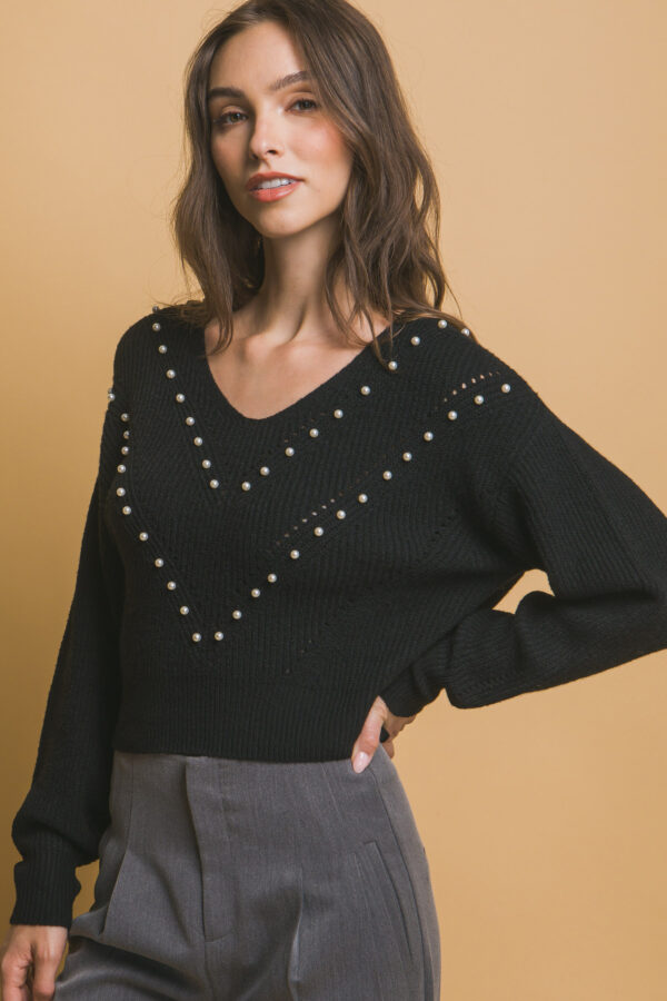 Pearl-Accent Knit Sweater – Black Luxe Detail