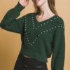 Pearl-Embellished Knit Sweater in Hunter Green