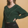 Pearl-Embellished Knit Sweater in Hunter Green