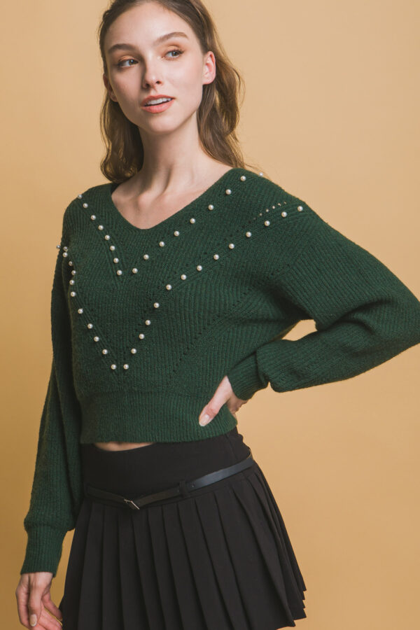 Pearl-Embellished Knit Sweater in Hunter Green